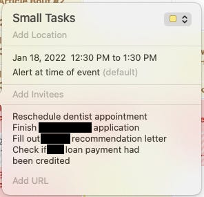 Author's 'Small Tasks' entry in her calendar app