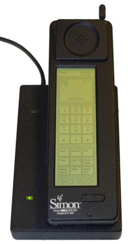 IBM Simon smartphone on its charging dock