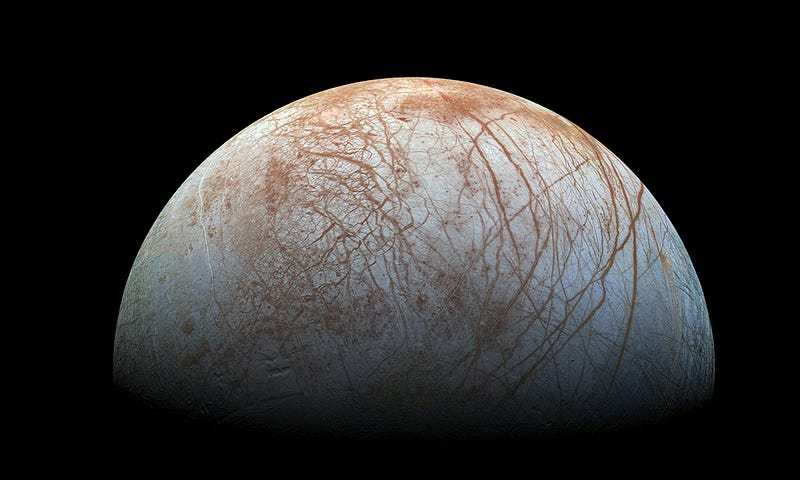 Cracks on the icy surface of Europa, a moon of Jupiter