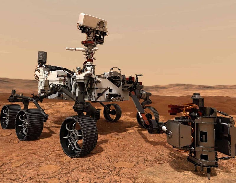 Artist concept of Perseverance collecting Martian samples